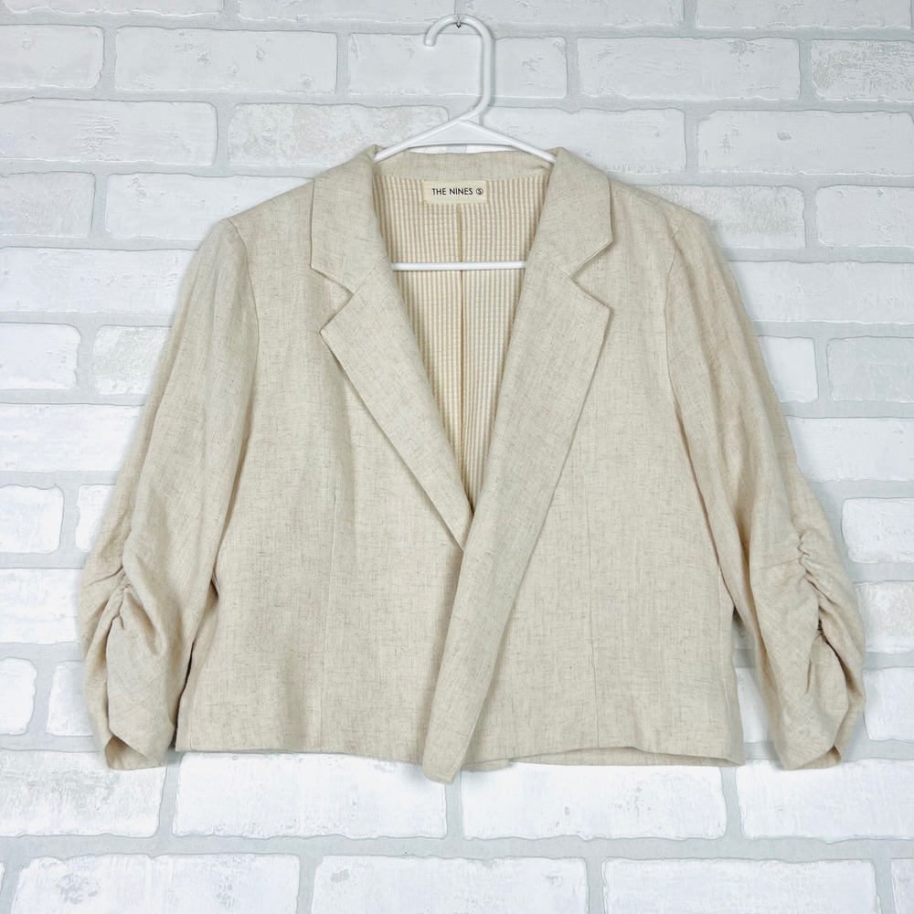 THE NINES Beige Linen Blend Ruched 3/4 Sleeve Cropped Open Front Blazer Small